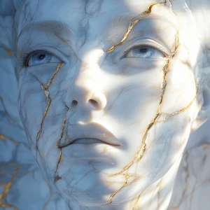 A Woman's Face Sculpted from Carrara Marble, veins of shimmering...