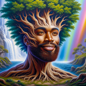 A hyper-realistic 3-D oil painting depicting a tree integrated w...