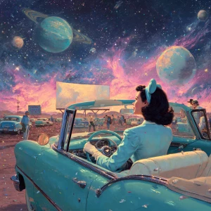 painterly retro-futuristic drive-in theatre on the red deserts o...