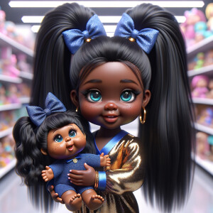 Create a 3-D image of an african-American little girl inside of a medium size, toy store. The little girl has thick long, ponytails and huge blue eyes. She has on a gold and blue jumpsuit with matching bows, She is playing with her favorite african-American cabbage patch doll, the doll has deep, dimples, and freckles and looks just like her