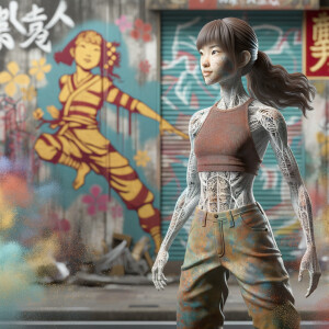 Athletic Thin skinny Attractive, Asian teenage girl, long brown hair and bangs, wearing tight skinny jeans and a halter top paint marks on her clothing, heroic pose Asian graffiti background, backside view