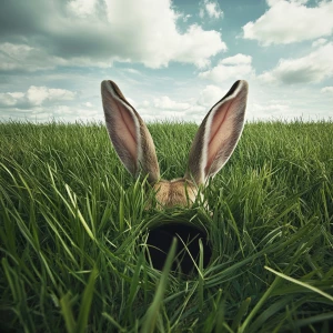 A grassy field with a rabbit hole and only the ears protruding o...
