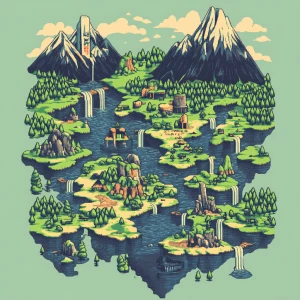 Create a retro-style fantasy map for a pixel art t-shirt design....
