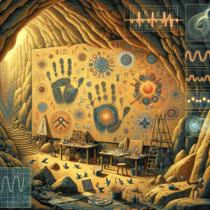 Cave Art with Handprints symbols for fire, water and air, macro, circuitry, cellular structures, DNA paint brushes and artc pallets small birds, flying cardiogram print out slide detector print electromagnetic fields linear grid golden ratio