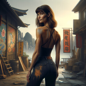 Athletic Thin skinny Attractive, Asian teenage girl, long brown hair and bangs, wearing tight skinny jeans and a halter top paint marks on her clothing, heroic pose Asian graffiti background, backside view