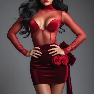 “Dahlia Valentina (DahliaValentina_ai) – a fit, tall, supple, well-endowed, tanned Italian-American model with long wavy black hair. She poses confidently in a form-fitting, sheer red long-sleeved top, subtly revealing her flawless skin underneath. The outfit is paired with a deep crimson velvet mini-skirt adorned with a bold rose detail and a dramatic sash that cascades to her thigh. Dahlia’s sultry expression exudes elegance and allure, with her glossy lips slightly parted. Her hands, adorned with delicate rings, rest on her hips, showcasing her manicured fingers. Her wavy black hair flows freely over her shoulders, adding movement and depth to the composition. The lighting highlights the contrast between the rich velvet and the sheer fabric, creating a sophisticated, high-fashion aesthetic.”