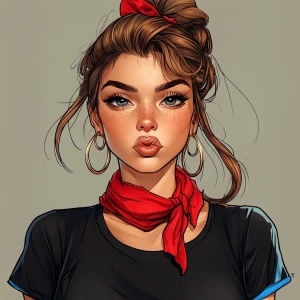 girl with brown hair, thick eyebrows, pumped up lips, potato nos...