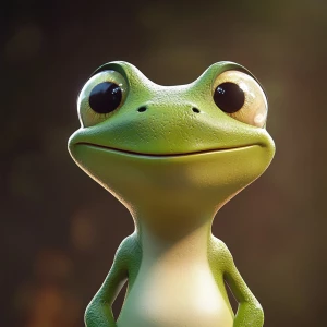 a green anthropomorphic frog with big, round bulging eyes, subtl...
