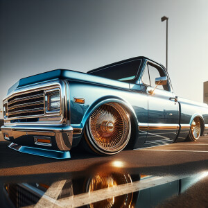 Lowrider truck, metallic blue, gold spoke rims,full-body photo