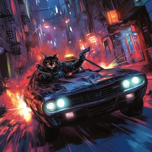 A humanoid street cat in a leather jacket driving a muscle car w...