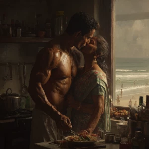 Hyperrealism .a muscular sweaty indian man standing and kissin...