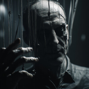 A hyper-realistic 3D rendering of a man depicted as a marionette...