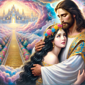In a divine, heavenly setting, create an image of a light-skinne...