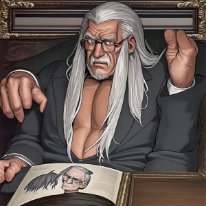 Digital art, a stylized clean shaven old man with super long sil...