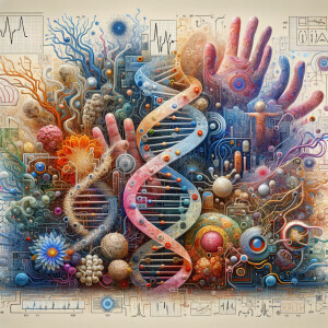 circuitry, diagrams Cellular structures, DNA, circuit boards, colorful wires,  asian and Egyptian  graffiti, lie detector graphs, cardio, printout , branches infinity sign, cave, Art, handprints, distant birds flying, flowering vines, abstract gestural painting, dna