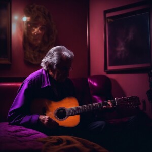 An aging guitar lies in a cramped, dim closet, enveloped in a ha...