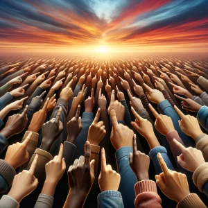 Generate a hyper-realistic detailed image of several hands point...