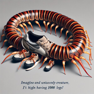 Whimsical centipede with 1000 legs wearing tennis shoes on each...