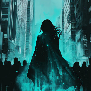 Generate an image of a monochrome urban street brimming with peo...