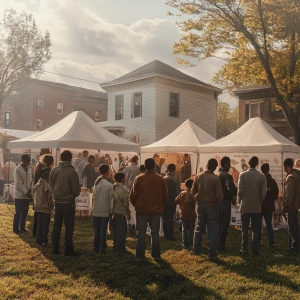 Panoramic outdoor scene featuring a group of black community and church leaders along with boys and girls, standing in clusters of three to five. Individuals are positioned near three tents and three booths, with the image captured in high-definition 8k resolution, showcasing crisp details and realistic lighting.