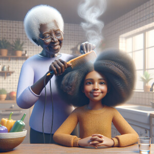 Create a realistic 3-D image of an african-American grandmother in the kitchen with her african-American granddaughter. The grandmother has a hot comb in her hair and she is straightening her granddaughters hair. One side of her granddaughters hair is in  a Afro the other is bone straight 
There is smoke coming from the hot comb