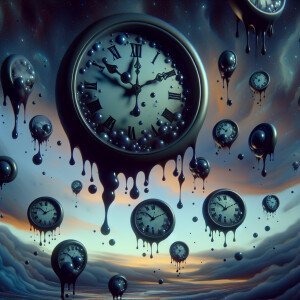 "melting clocks float in the sky, dripping ferrofluid from their...