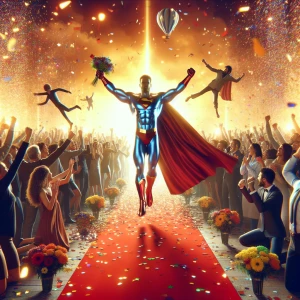 Design a high-definition, cinematic image of a superhero triumph...