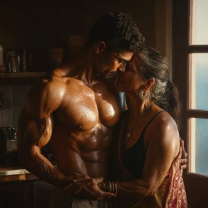 Hyperrealism photo painting.a muscular sweaty indian man stand...