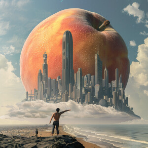 generate a surrealist image of a larger than life peach placed o...