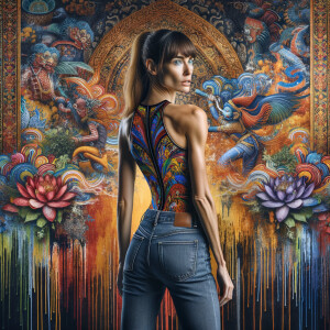 Athletic Thin skinny Attractive, Asian teenage girl, long brown hair and bangs, wearing tight skinny jeans and a halter top paint marks on her clothing, heroic pose Asian graffiti background, backside view