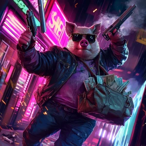 Moon pig holding a smoking pistol in one hand and a duffel bag f...
