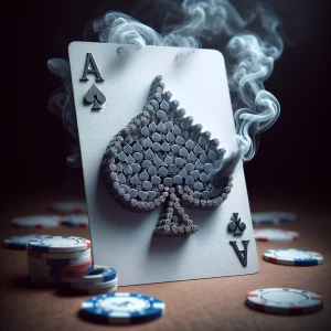 Create a hyperdetailed photorealistic macro image of a ace of spades playing card lying on a card table. The spade  is composed entirely of multiple tiny spades . looks contemporary, beautiful, and modern.  surrounded by smokey  spades and beckoning the viewer to enter the card, emerging from the card in 3D along with grey smoke. Add a blue poker chip to the table.