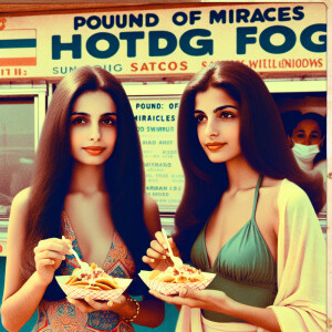 Create a grainy faded color film photograph from 1971 of two gor...