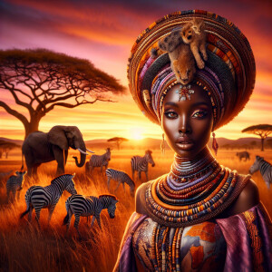 Envision a magnificent African savannah at the golden hour of su...