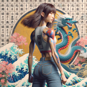 Athletic Thin skinny Attractive, Asian teenage girl, long brown hair and bangs, wearing tight skinny jeans and a halter top paint marks on her clothing, heroic pose Asian graffiti background, backside view