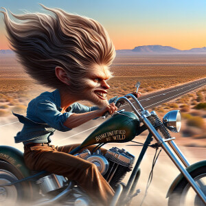 Extreme caricature of a motorcycle rider humming "Born to Be Wil...