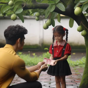 Terlihat dari jauh seorang anak Indonesia perempuan kecil berbaj...