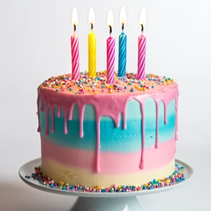 A vibrant, festive birthday cake with three lit candles on top. The cake is  two tiered with colorful frosting—pastel pink on the top layer and sky blue on the bottom. The frosting drips slightly over the edges for a delicious effect. Bright, multicolored sprinkles are scattered over the top. The three candles are evenly spaced, each with a different color—red, yellow, and blue—with soft glowing flames. The background is completely white