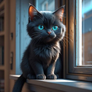 A cute little black cat sitting on a windowsill, its glossy fur...