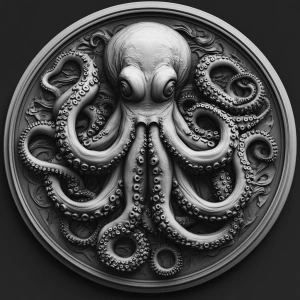 Design a high-contrast grayscale 3d bas relief of a giant octopu...