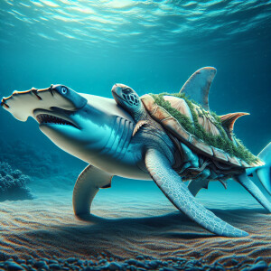 Hammerhead shark with a sea turtle shell and sea turtle fins. Ul...