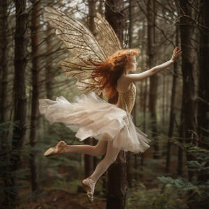 A photo realistic full body image. A light ginger fairy flouncin...