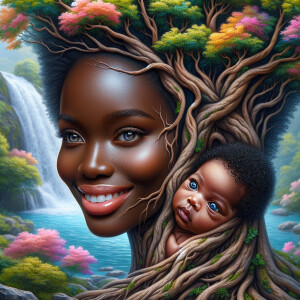 Create a close-up, hyper-realistic 3-D oil painting of a tree wi...