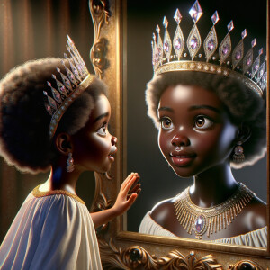 In a 3-D realistic world, a beautiful African-American child stands before a mirror. Her eyes widen as she gazes at her reflection, for the mirror reveals not just her own image but a majestic adult queen. The queen’s skin glows with regal elegance, her features exuding grace and wisdom. She wears a crown adorned with shimmering jewels, each gem reflecting the light like a thousand stars.
The child’s wonder deepens as she realizes that the queen in the mirror is none other than her future self—a powerful ruler who wears her heritage with pride. The mirror whispers secrets of destiny, urging her to embrace her potential and become the queen she sees.
And there, in this magical moment, the child and the queen share a silent pact: to honor their roots, uplift their people, and wear their crowns with unyielding strength.