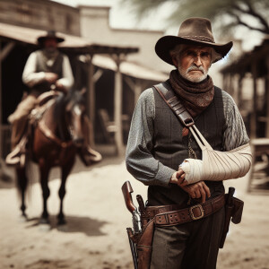 An old west cowboy standing in the middle of the road, six shoot...
