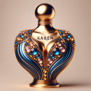 Create a 3-D realistic gold and blue, colorful jewels perfume b...