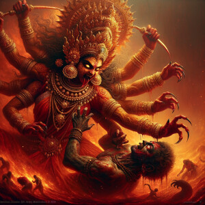 Portrait of angry four-armed goddess durga slaying mahishasur by carrying him in her arms and stabbing him with her red long nails. she should wear Gold jewelry all over the body. Mahishasur should have wounds all over his body. mahishasur should be smaller in size compared to Goddess durga. Background is an intense battlefield. reddish hue everywhere and sunset in the background.  Epic scene. 4k, HDR.