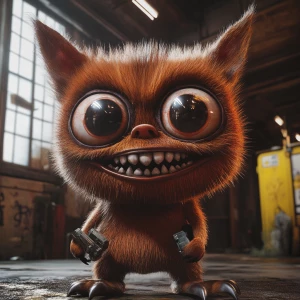 Stylized character portrait of a mischievous designer toy creat...
