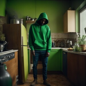 Full body brown skinned thug wearing a medium bright green hoodi...