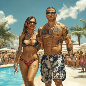 Realistic art 1:1 ,a pool party new york summer resort,a muscula...